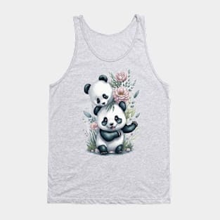 Two funny Pandas around Flowers: Scattered Watercolor in Pastel Colors Tank Top